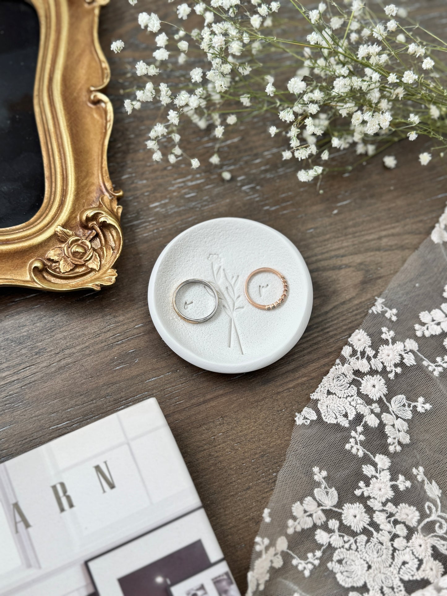 Cursive Botanical Initials Textured Personalized Ring Dish