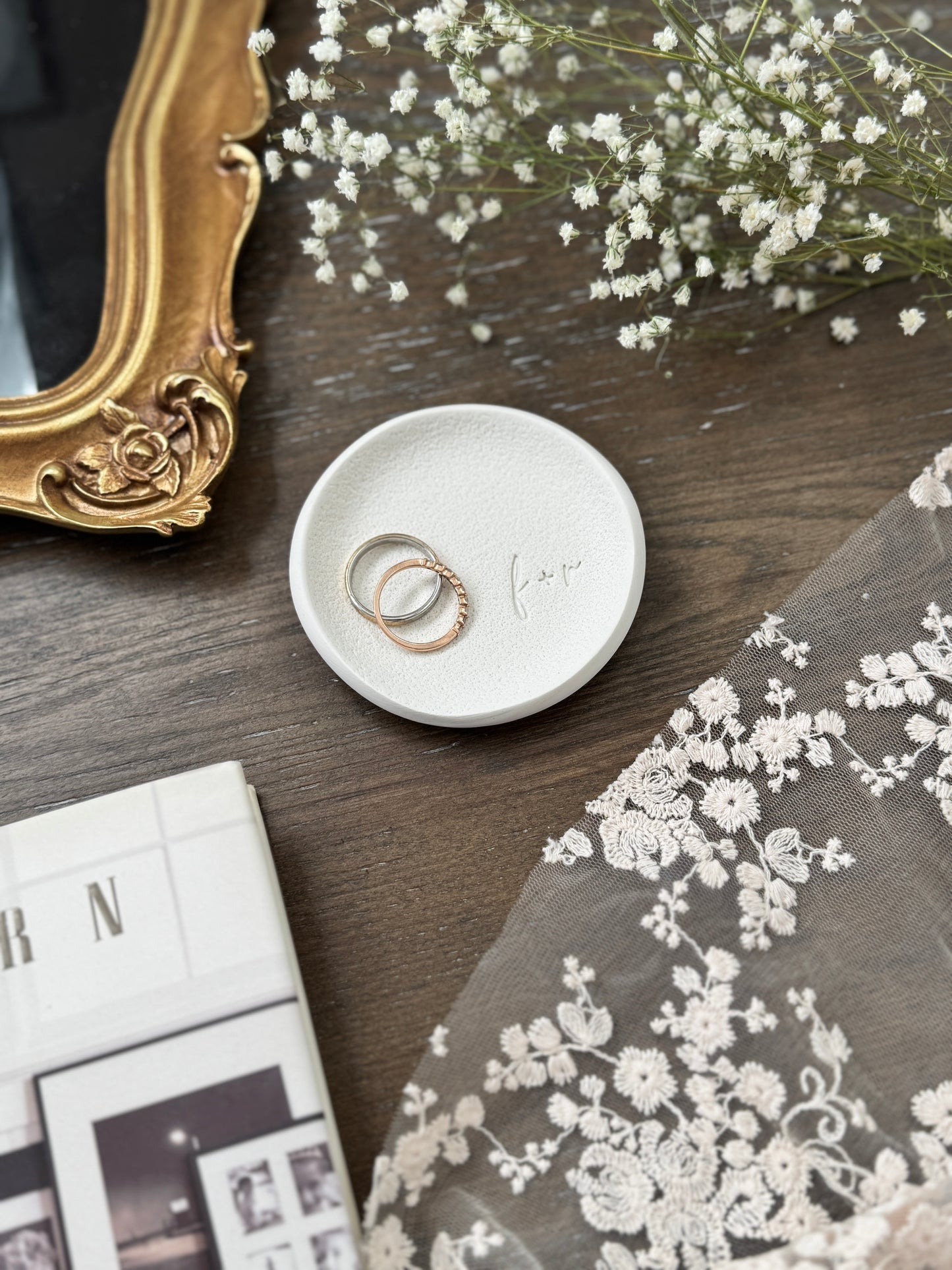 Cursive Initials Textured Personalized Ring Dish