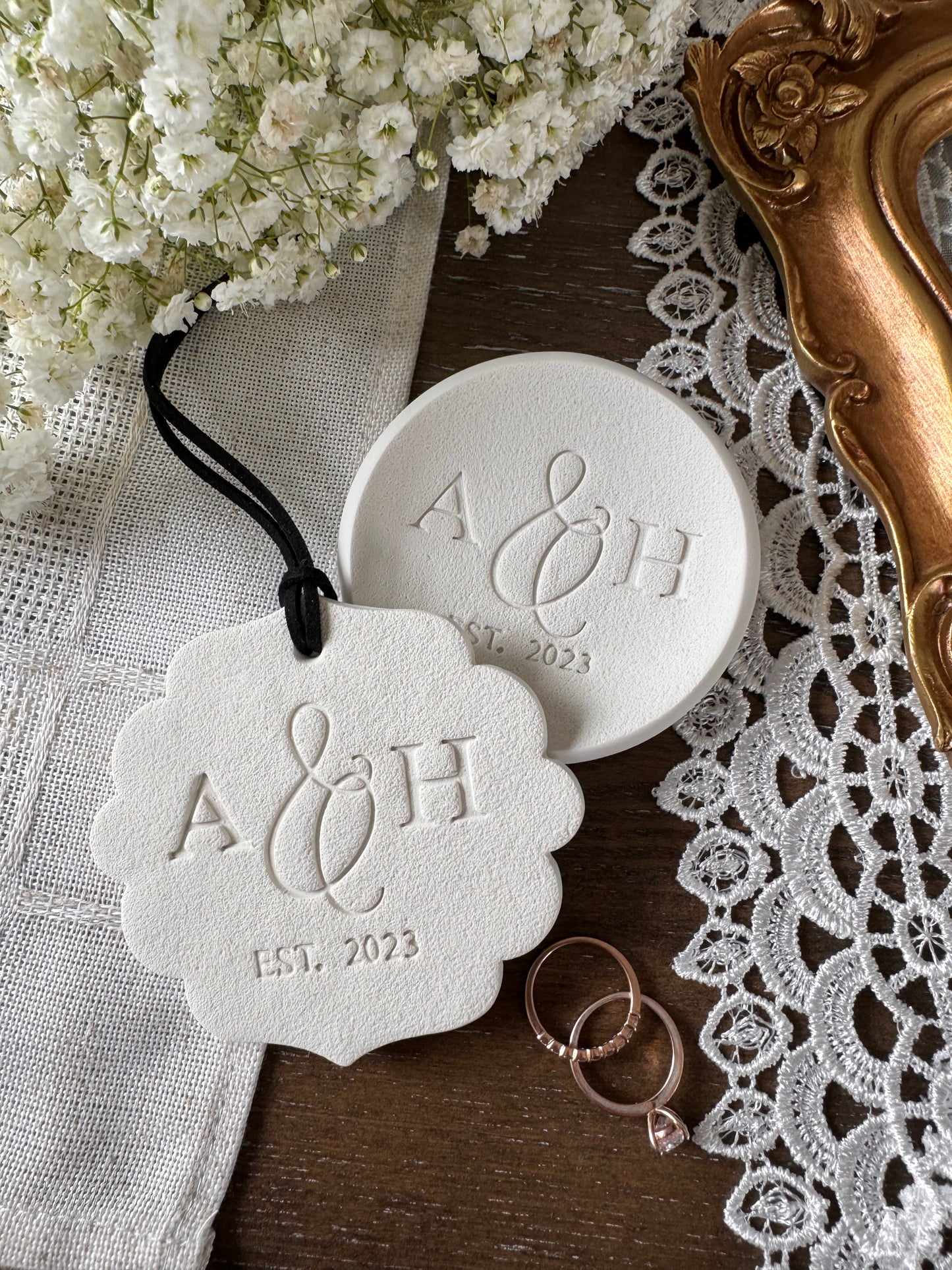 custom matching ornament and ring dish for wedding couple