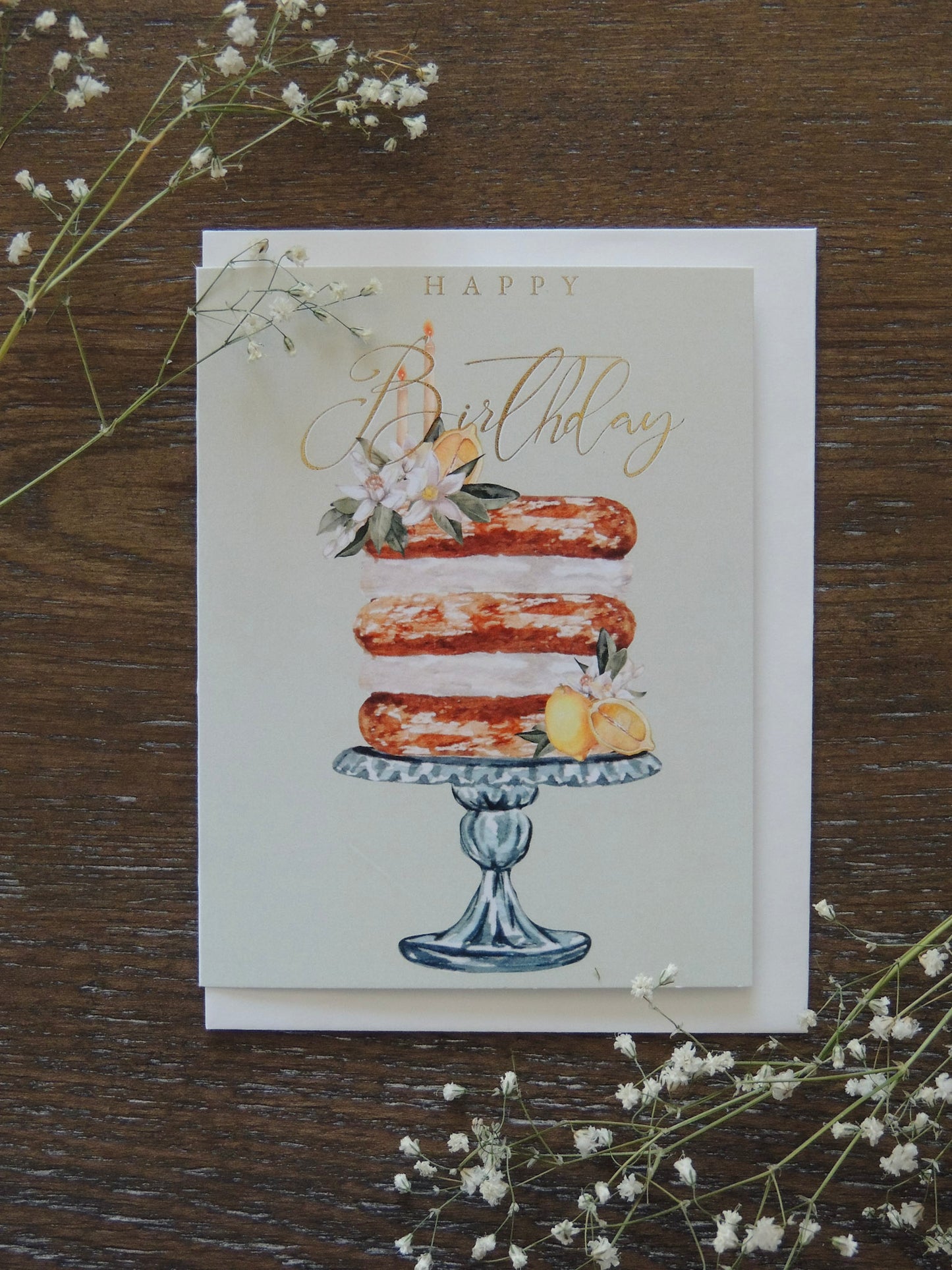 happy birthday card with watercolor cake and flower painting