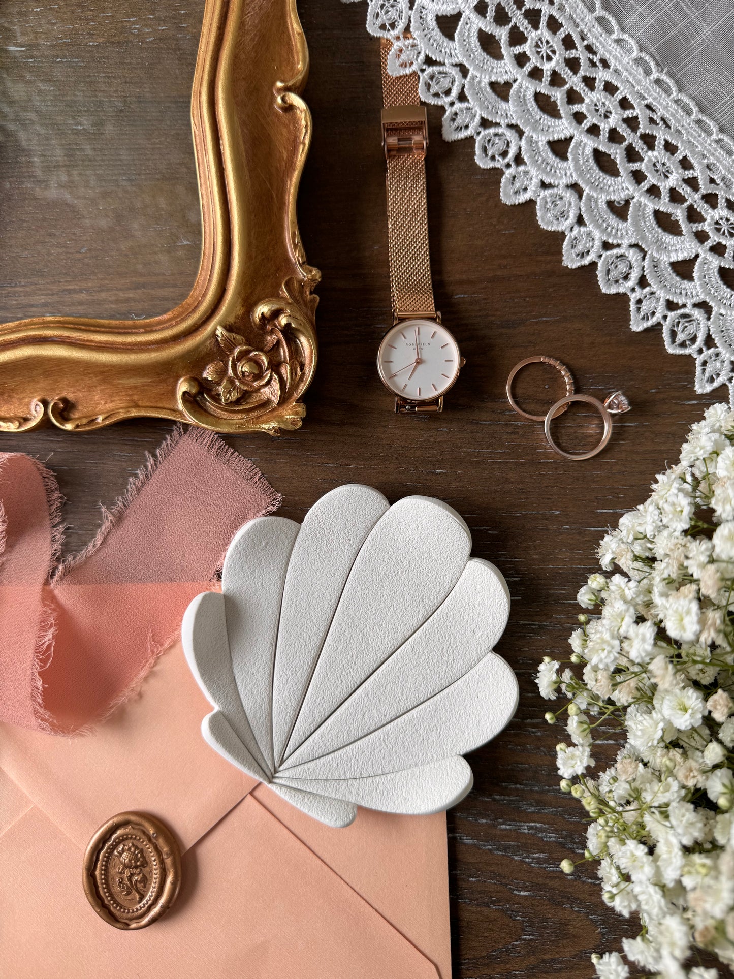 vintage shell inspired ring dish, white clay