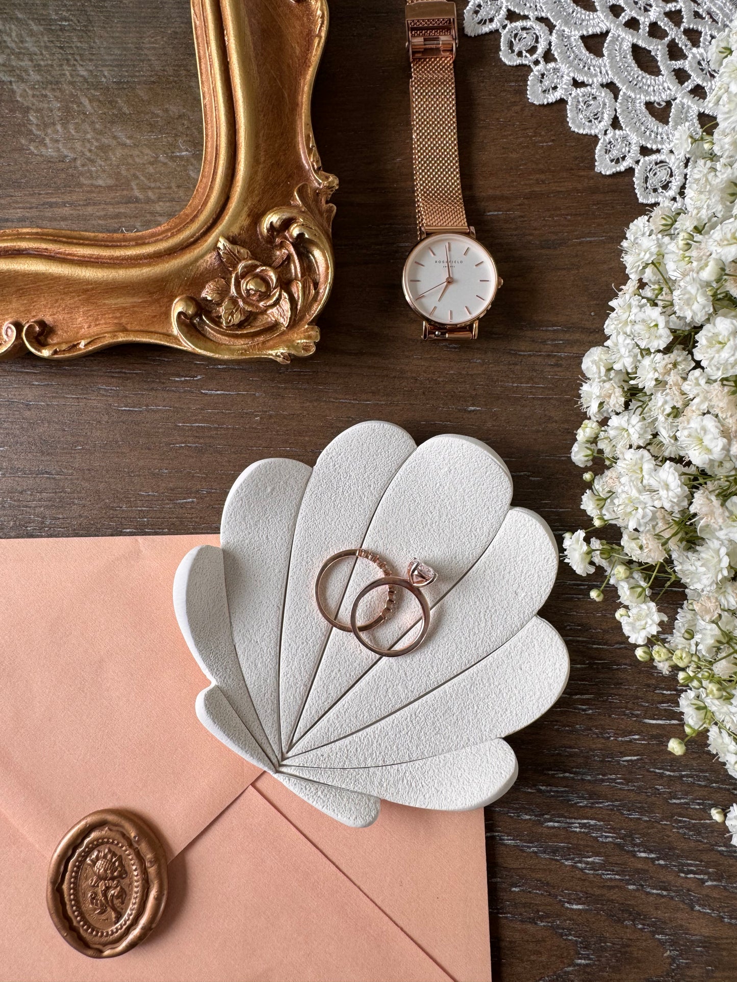 vintage shell inspired ring dish, white clay