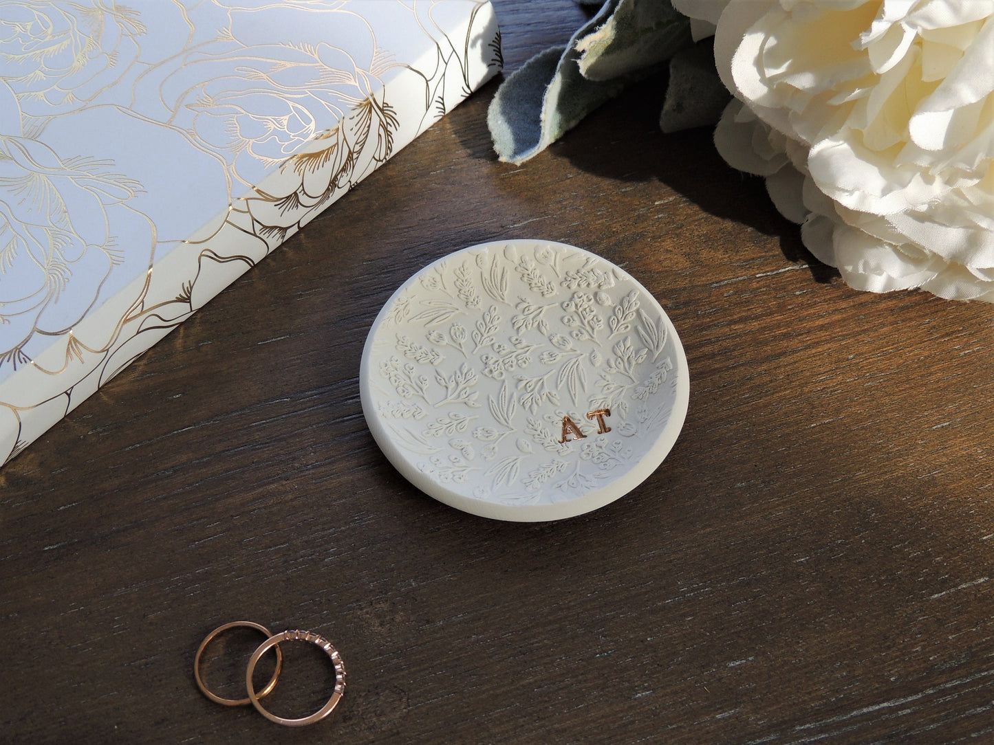 gold foil initials in bottom right of round floral lace ring dish, perfect gift for her