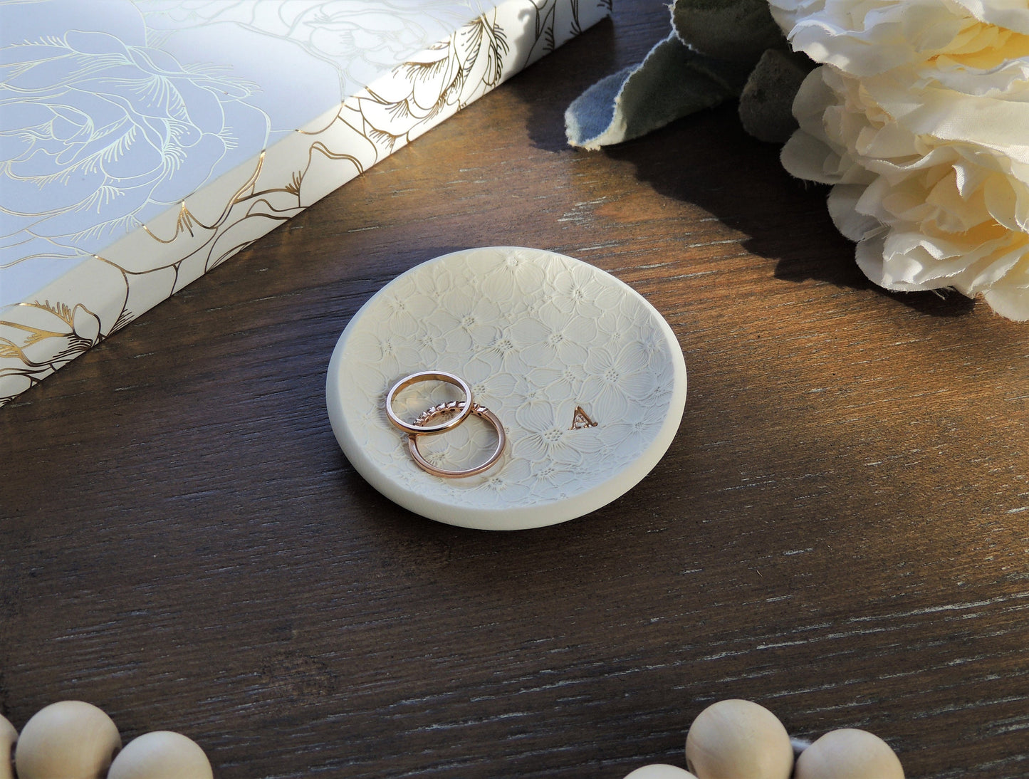 personalized white clay ring dish with dainty floral pattern and gold initial, for bride
