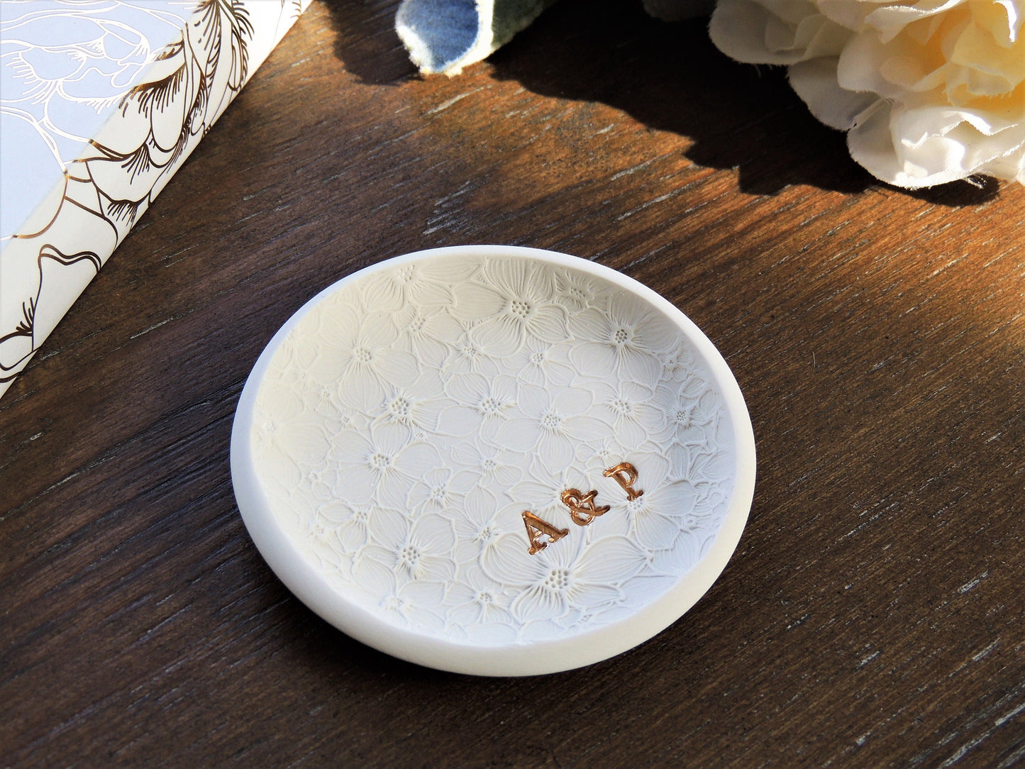 garden themed ring dish with floral embossed pattern and gold foil initials
