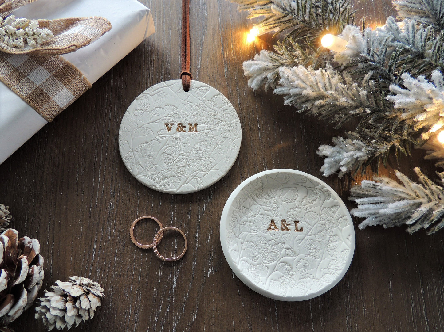 holiday ornament gift set with ring dish and tree ornament, couples gift