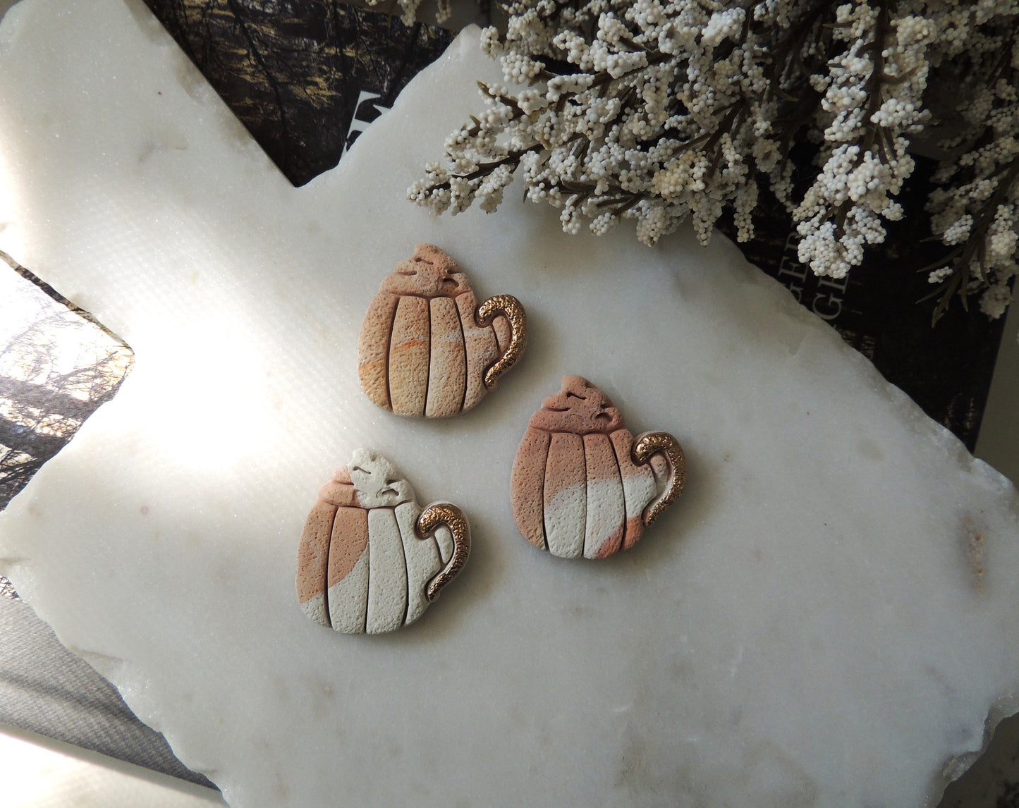 teacup or mug magnet with orange swirl clay and gold foil