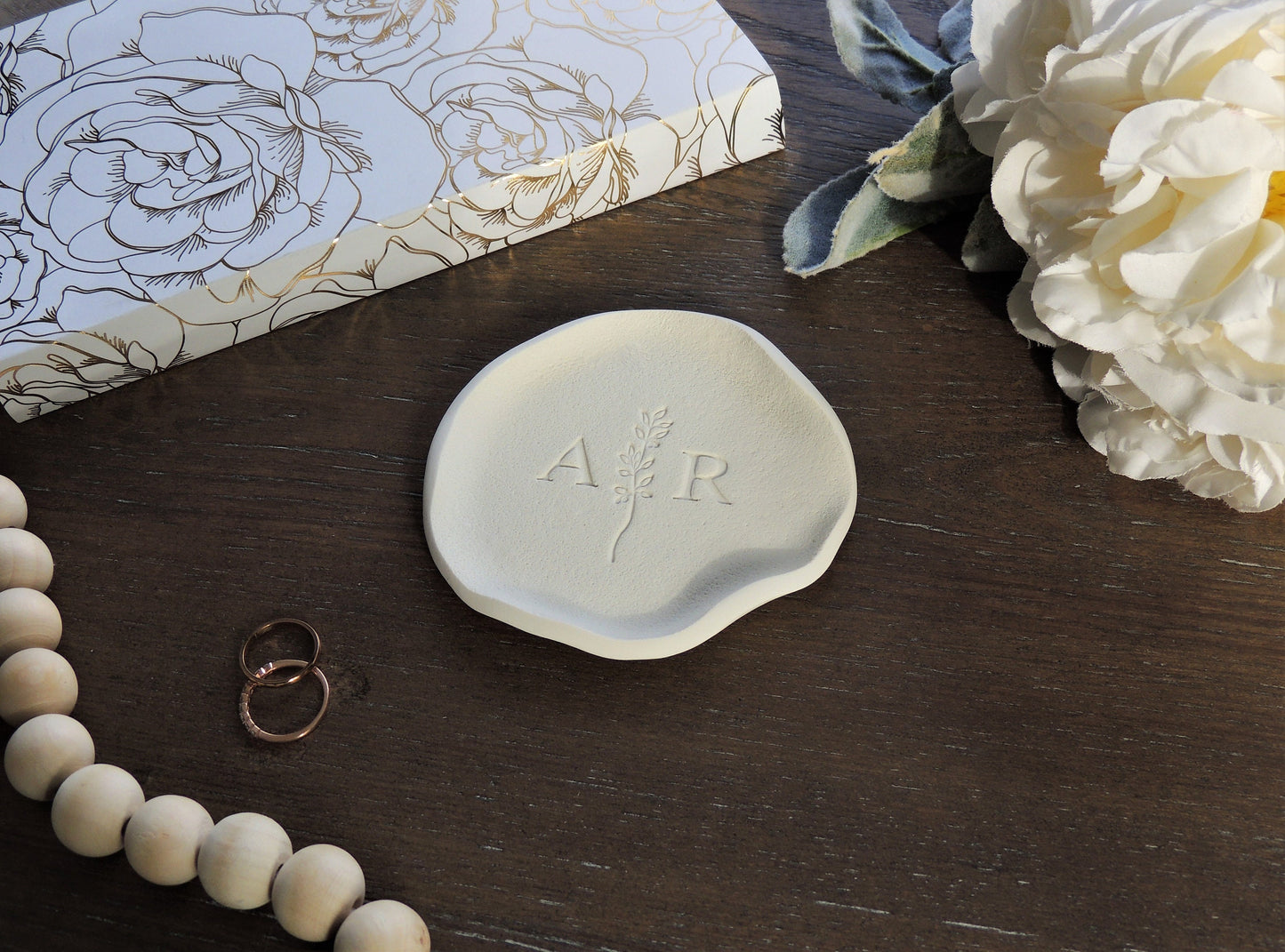 custom modern white ring dish with leaf design and personalized initials