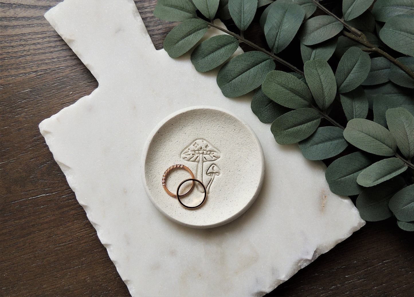 white ring dish with mushroom design, bridal ring dish