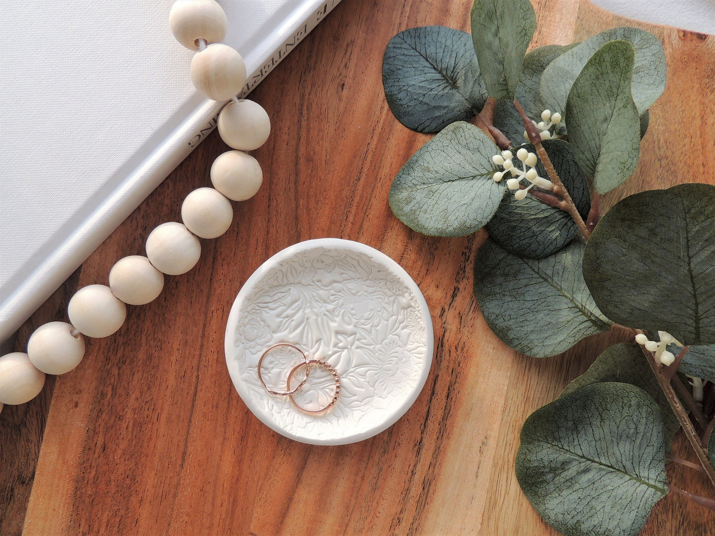 patterned ring dish, white clay, photography prop