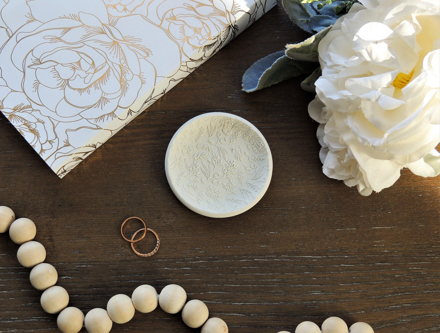 flat lay kit ring dish for wedding photographers with floral lacey pattern