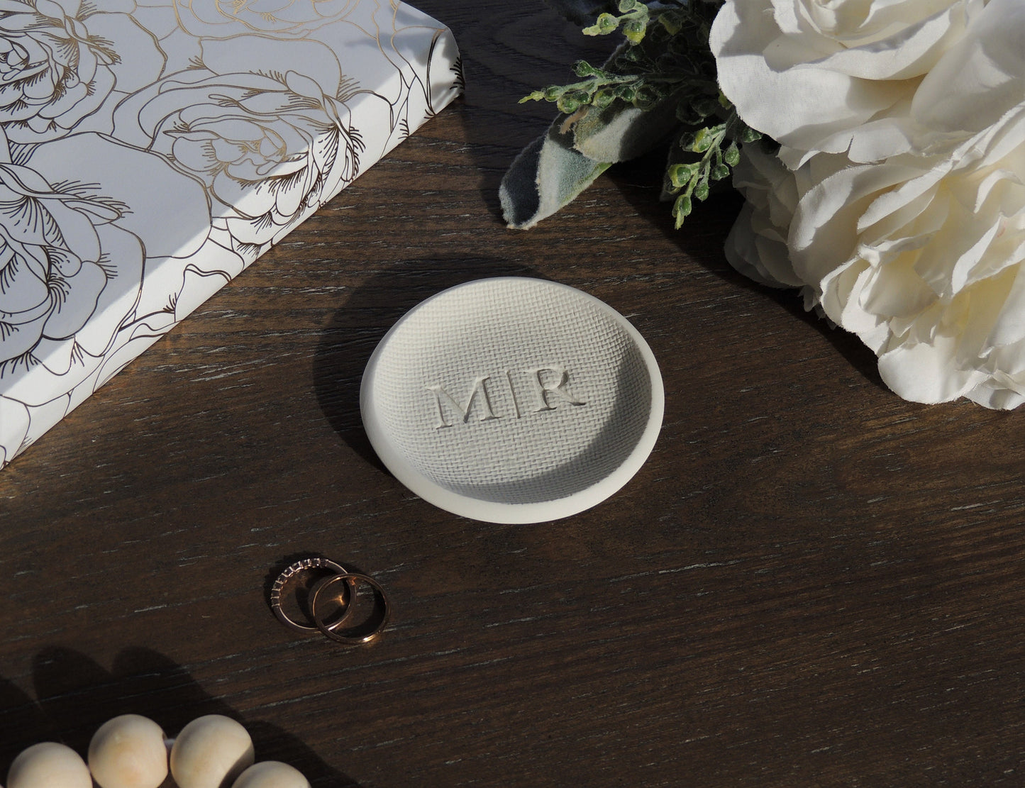 modern designed ring dish with simple initials for couples