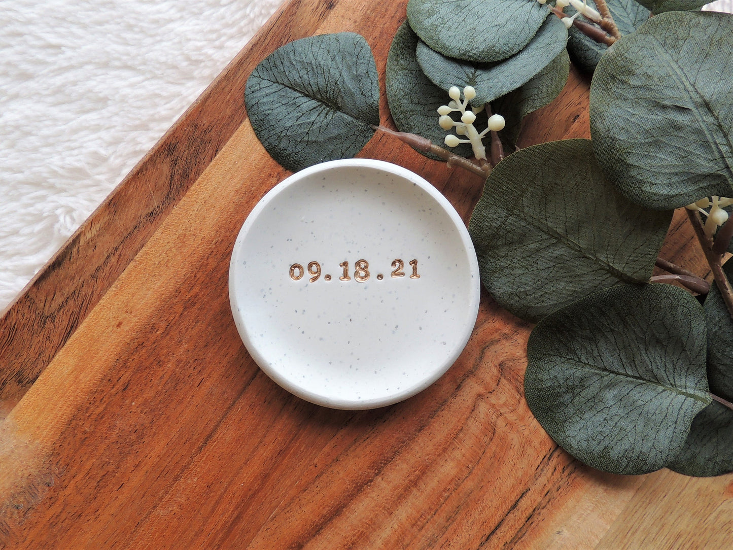 white speckled ring dish with gold date for gift for bride