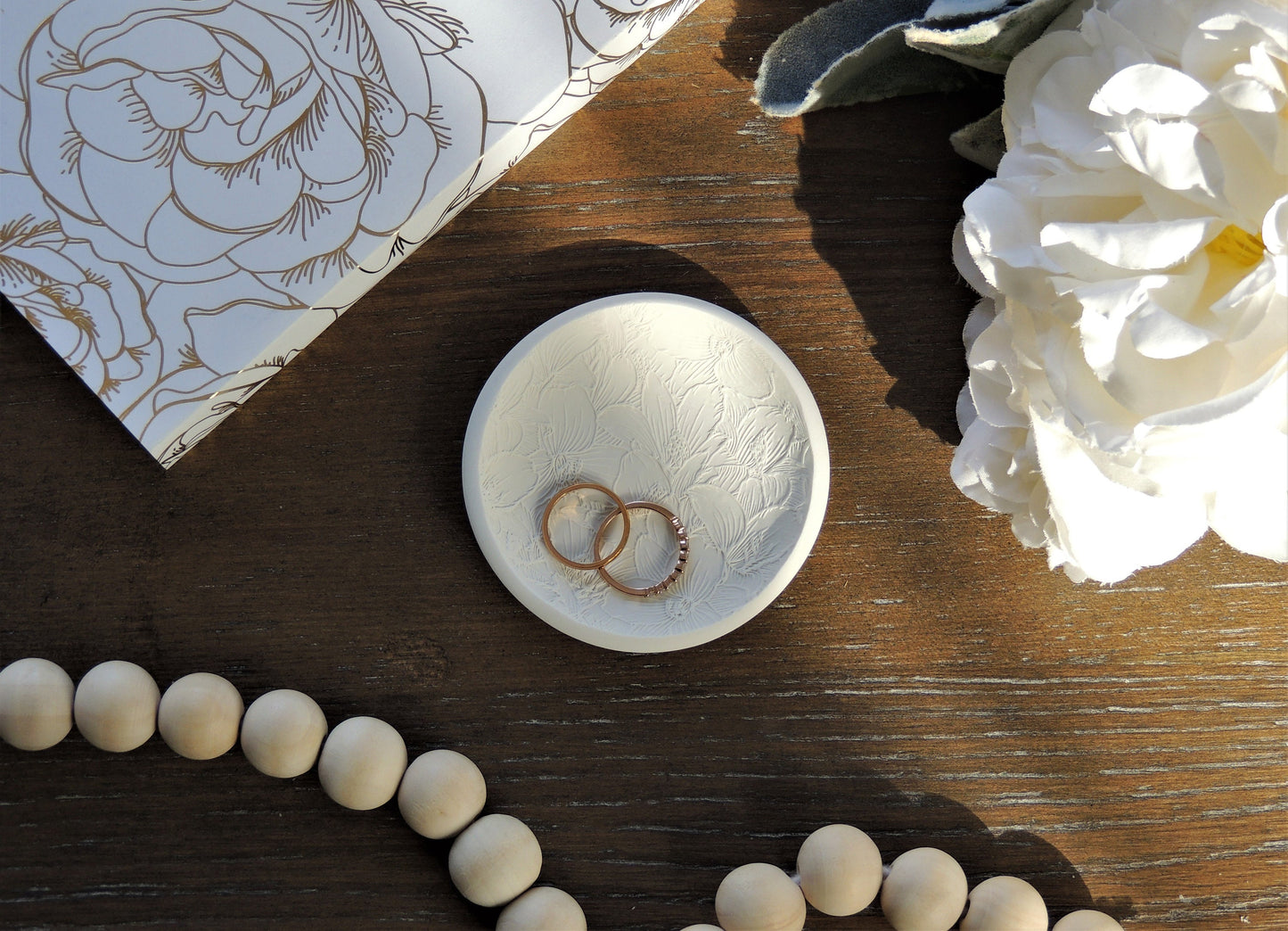 simple botanical floral dish for rings, photography flat lay item