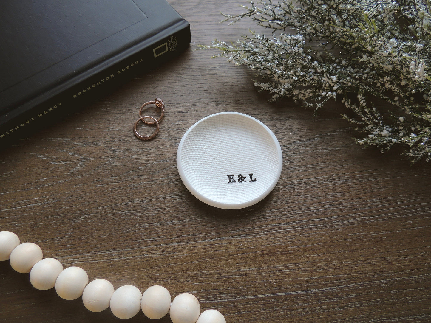 white ring dish with custom initials for couples