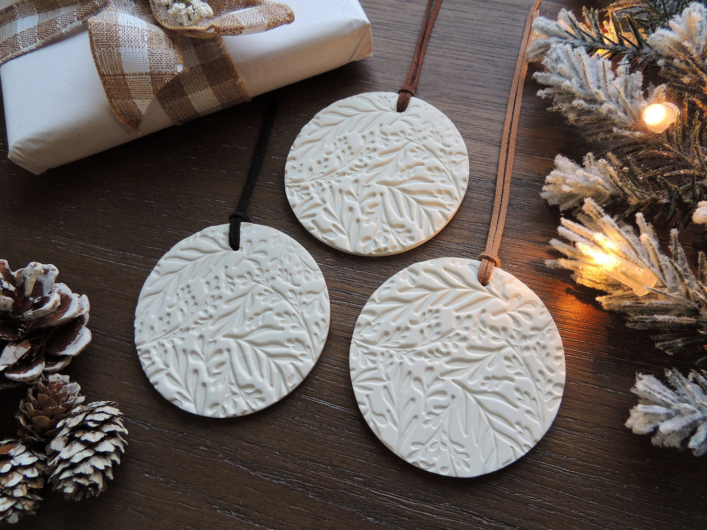 white leaf pattern ornament for tree or holiday gift, simple