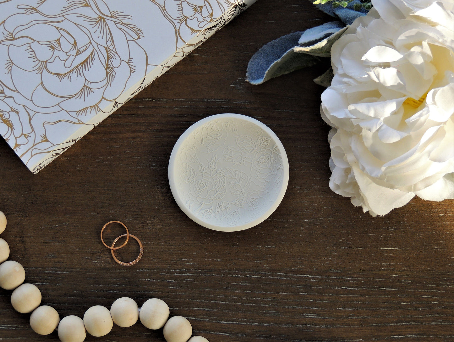 white ring dish with rose embossed design, simple, bridal shower gift
