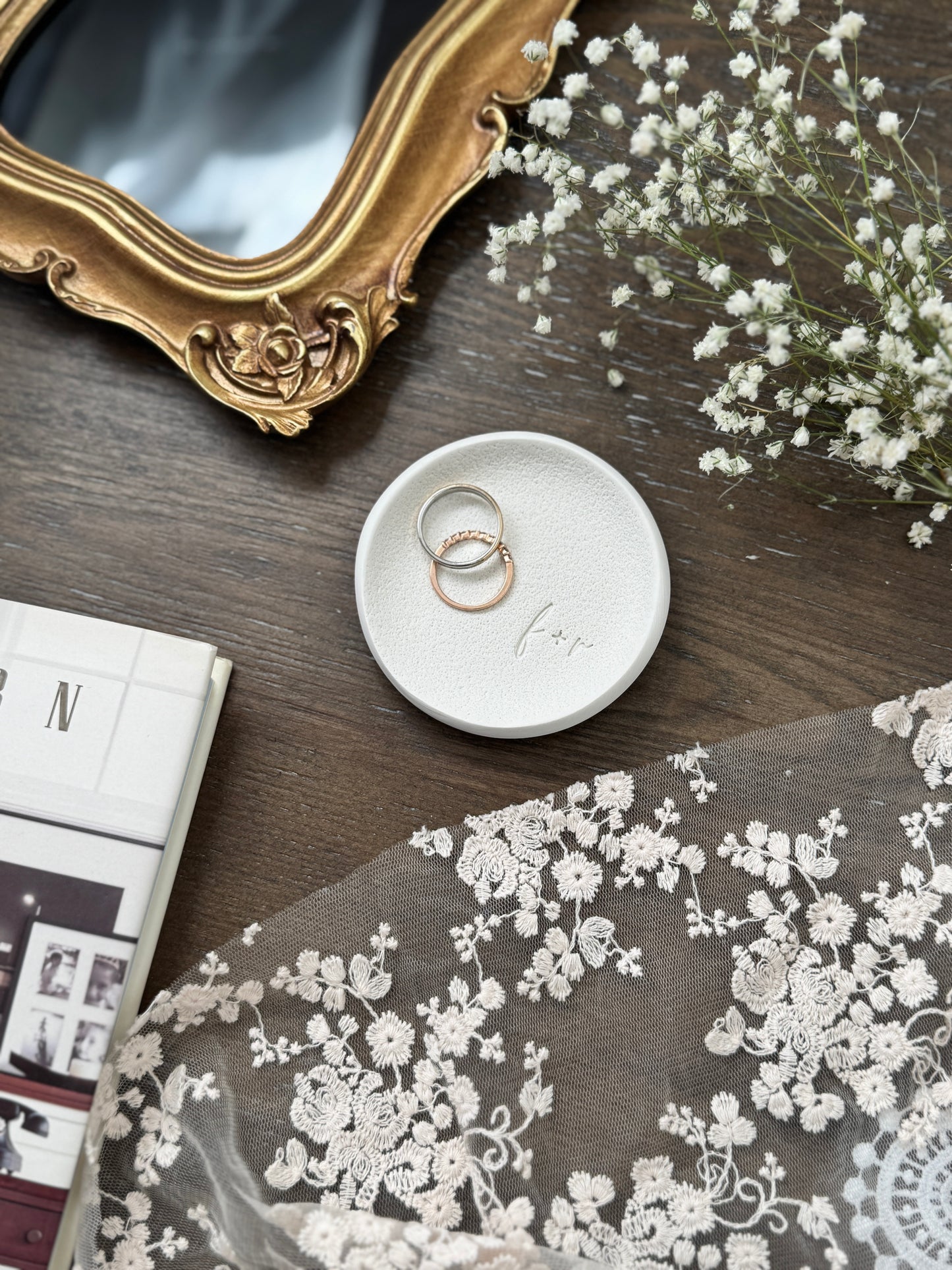 Cursive Initials Textured Personalized Ring Dish