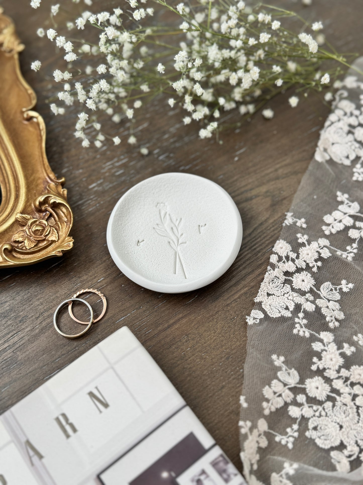 Cursive Botanical Initials Textured Personalized Ring Dish