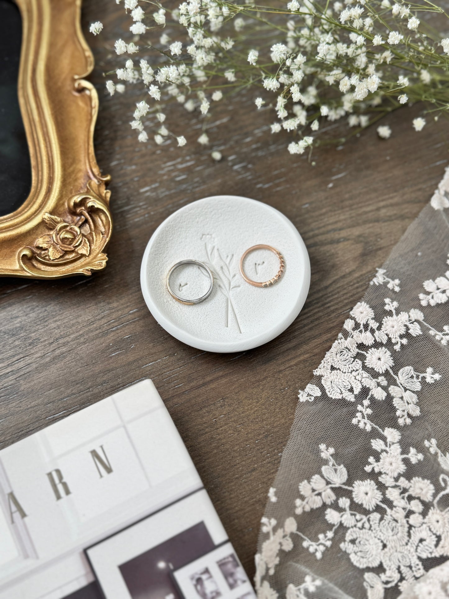 Cursive Botanical Initials Textured Personalized Ring Dish
