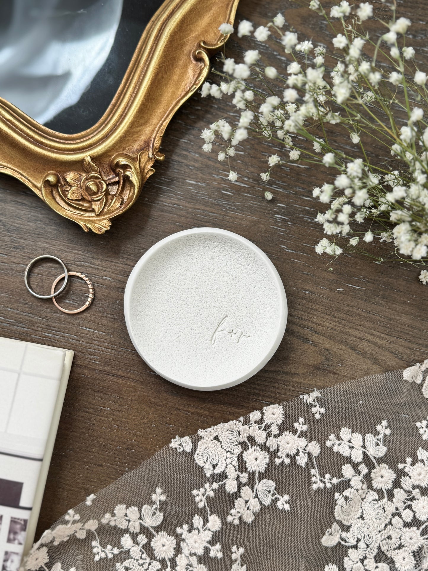 Cursive Initials Textured Personalized Ring Dish