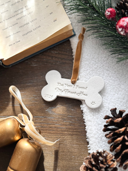 "The Year I Found My Forever Home" Pet Bone Ornament: Personalized Pet Ornament, Pet's First Christmas, Adopted Pet Gift, Pet Name Ornament