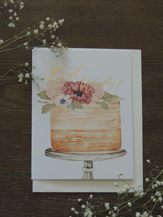 Best wishes card with cake and florals on front