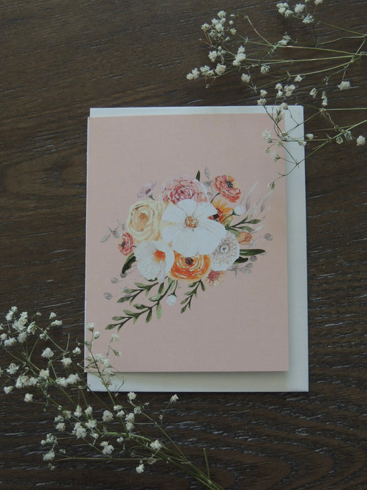 floral design greeting card with pink background, blank inside
