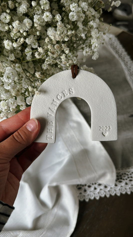 custom ornament with family name and date, perfect for wedding, holiday or new home gift