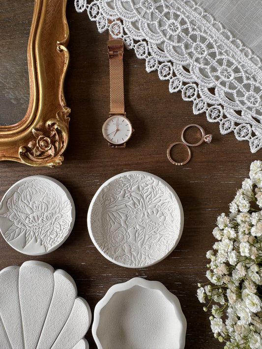 white clay vintage garden themed ring dishes