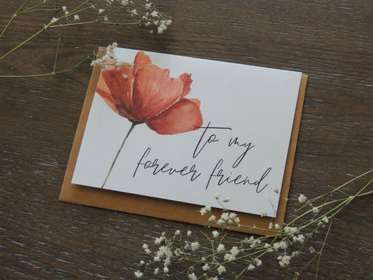 card for friendship with red flower water color and words "to my forever friend"