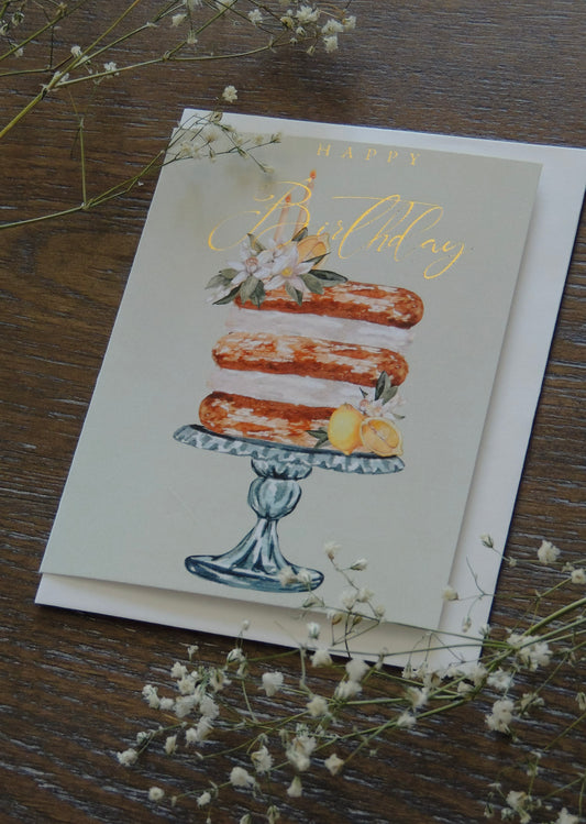 water color happy birthday card with cake and flowers on front