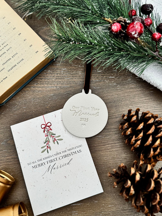 First Christmas Married Gift Set: Ornament and Card Gift for a Newly Married Couple
