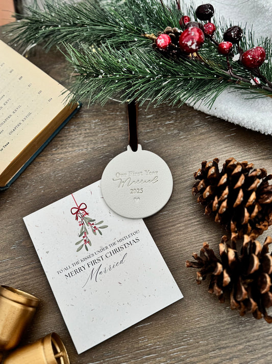 First Christmas Married Gift Set: Ornament and Card Gift for a Newly Married Couple