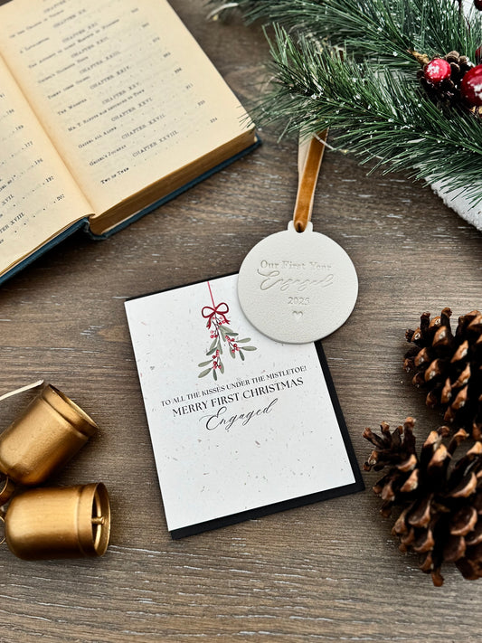 First Christmas Engaged Gift Set: Ornament and Card Gift for a Newly Engaged Couple