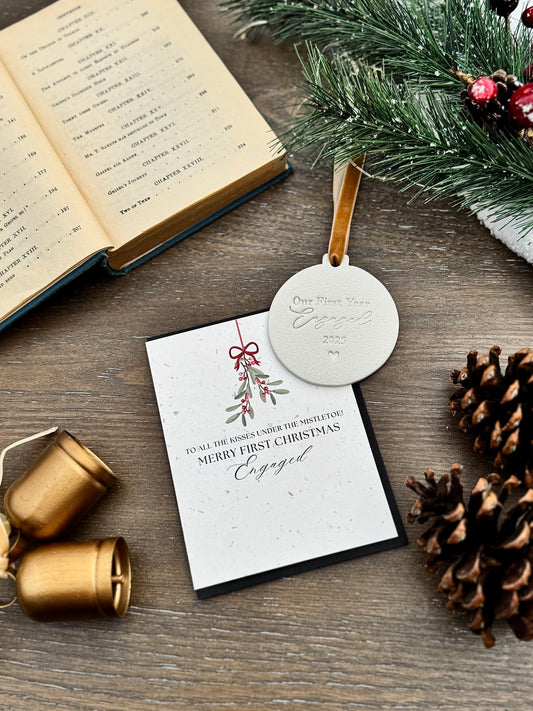 First Christmas Engaged Gift Set: Ornament and Card Gift for a Newly Engaged Couple