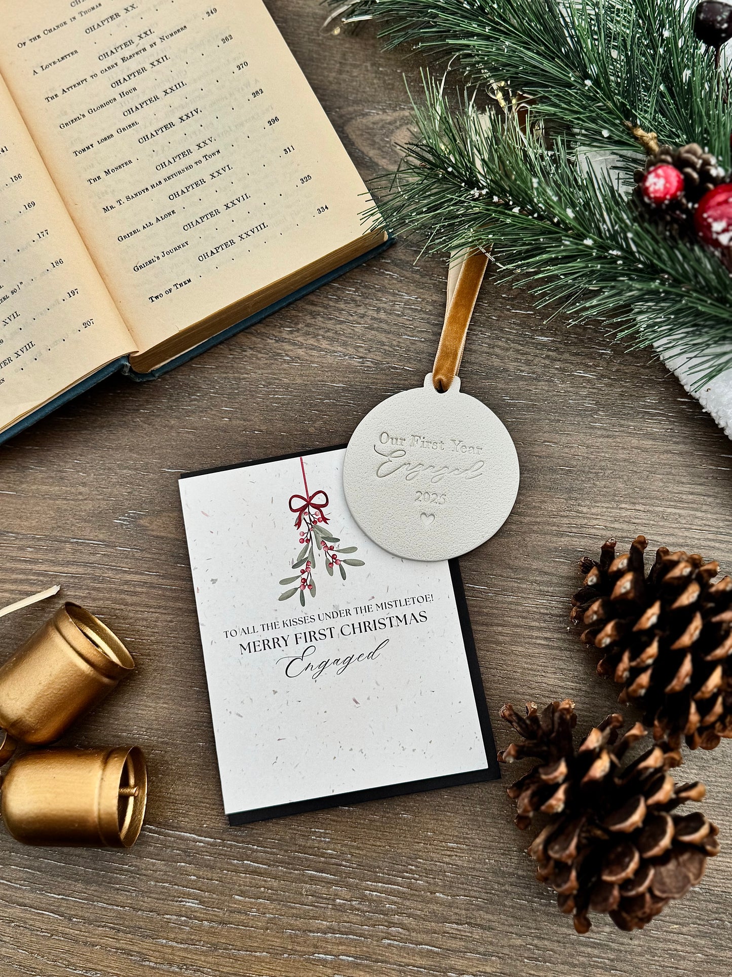 First Christmas Engaged Gift Set: Ornament and Card Gift for a Newly Engaged Couple