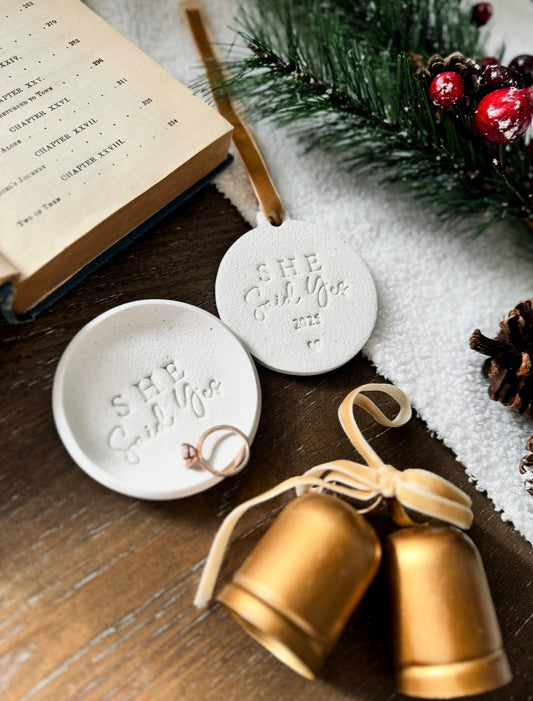 Personalized "She Said Yes"  Gift Set: Unique Bridal Shower Gift | Family Ornament | Engagement Gift | First Christmas Engaged Keepsake |