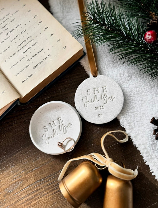 Personalized "She Said Yes" Gift Set: Unique Bridal Shower Gift | Family Ornament | Engagement Gift | First Christmas Engaged Keepsake |