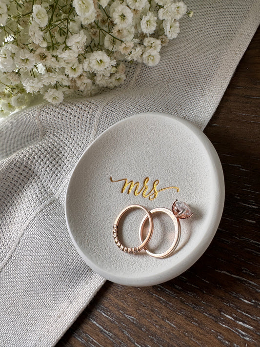 perfect gift for bride, mrs ring dish with gold lettering