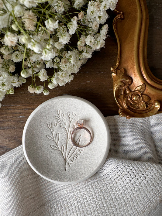 custom ring dish with personalized name in center with simple floral design