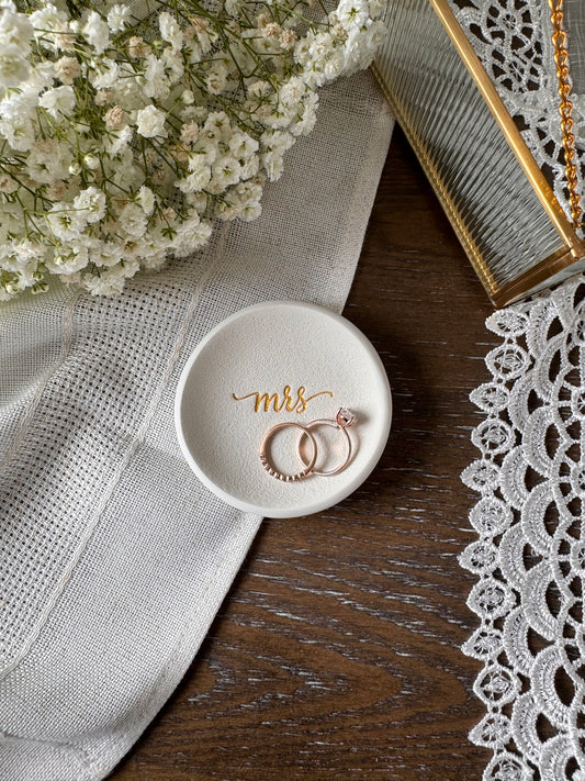 custom ring dish with mrs in gold, perfect gift for brides