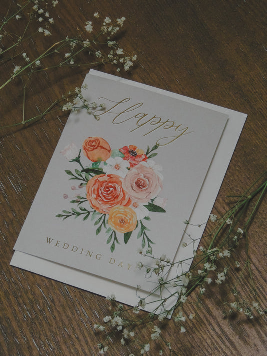 happy wedding day card with floral design for couples