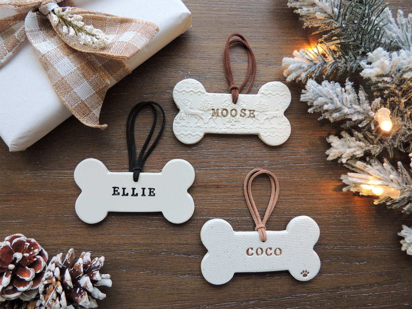 custom pet ornament, bone shape, with name and paw print