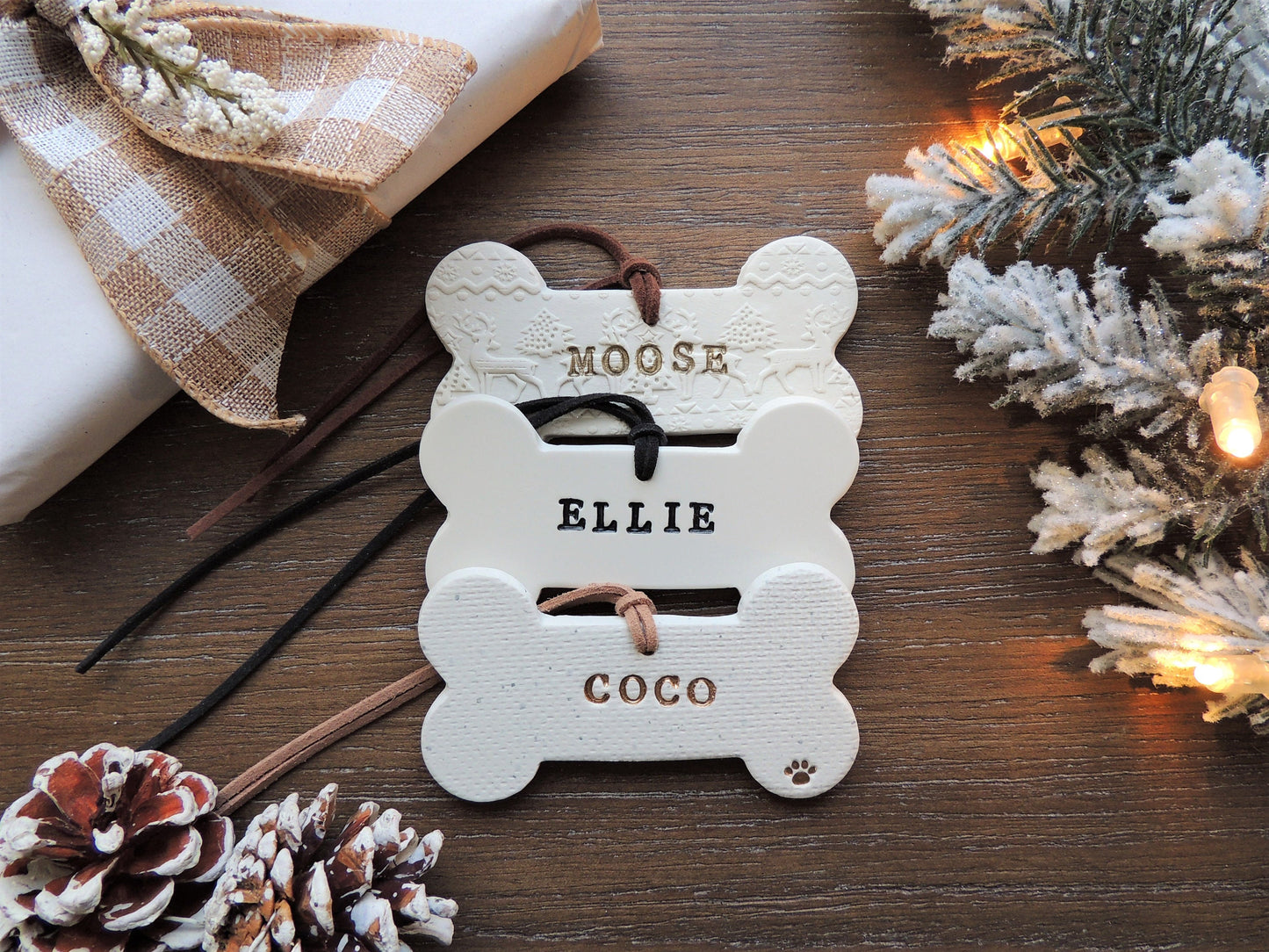 pet bone ornament in white with black, gold, or rose gold writing