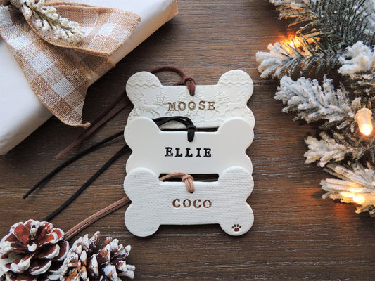pet bone ornament in white with black, gold, or rose gold writing