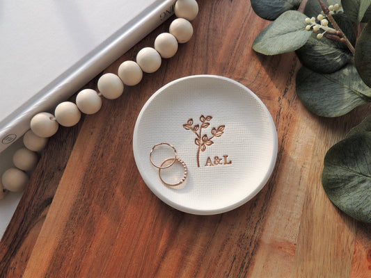 ring dish with branch design and initials in center, perfect couples gift