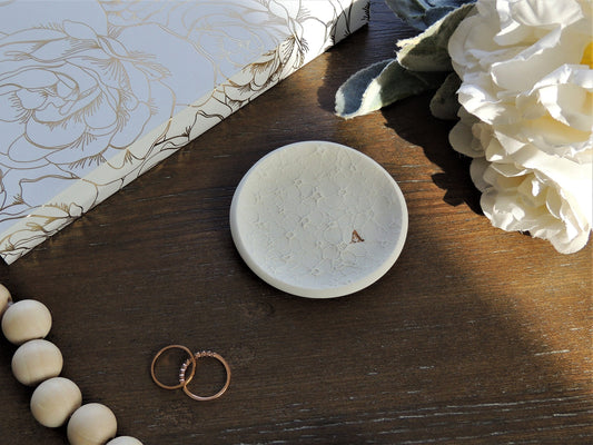 bridal white clay ring dish with dainty floral pattern and gold initial, perfect gift for wedding