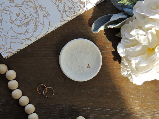 personalized bridal white clay ring dish with dainty floral pattern and gold initial