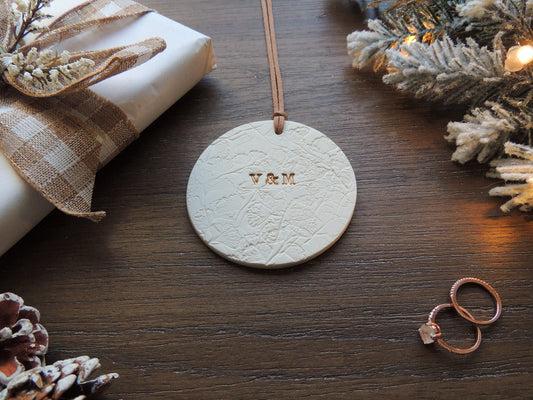 white botanical pattern ornament with personalized initials